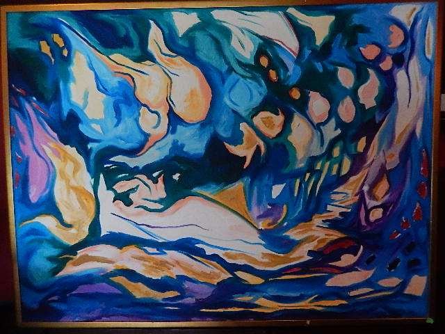 LARGE ANNE-MARIE GIBEL OIL PAINTING ON CANVAS, "LETTER: LARGE ANNE-MARIE GIBEL OIL PAINTING ON CANVAS, "LETTER TO THE SKY", MUSEUM DE-ACQUISITION, SIGNED "A M GIBEL" LOWER RIGHT, 37" X 49.25" FRAMED