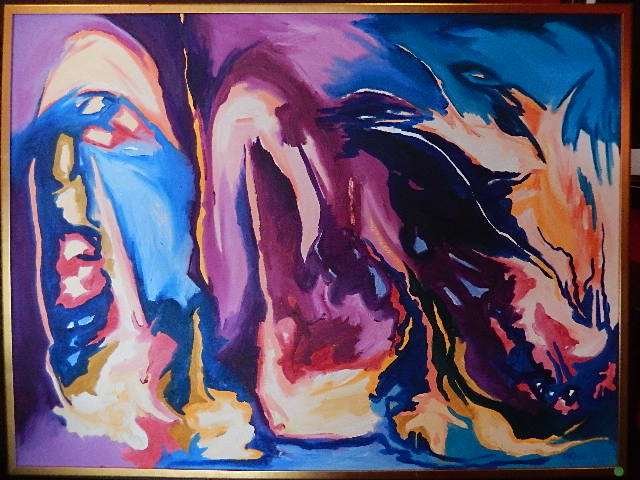 LARGE ANNE-MARIE GIBEL OIL PAINTING ON CANVAS, "FRAGILE: LARGE ANNE-MARIE GIBEL OIL PAINTING ON CANVAS, "FRAGILE FORMATIONS", MUSEUM DE-ACQUISITION, SIGNED "A M GIBEL" LOWER RIGHT, 37" X 49.25" FRAMED