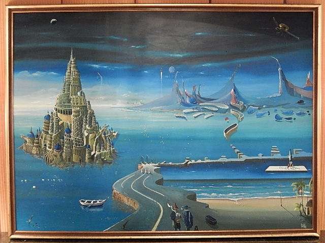 LARGE SURREALIST ORIGINAL OIL PAINTING ON CANVAS, SCENE: LARGE SURREALIST ORIGINAL OIL PAINTING ON CANVAS, SCENE WITH OCEAN, CASTLE, AND ROCKETSHIP, SIGNED BY ARTIST "TABLO" LOWER RIGHT, 64"X48"