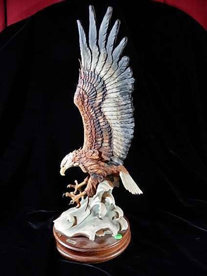 GUISEPPE ARMANI PORCELAIN EAGLE, SIGNED, ON WOODEN: GUISEPPE ARMANI PORCELAIN EAGLE, SIGNED, ON WOODEN BASE, 19"H