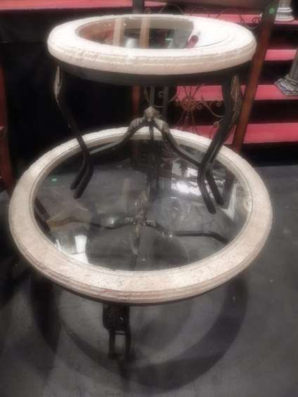 2 PC COFFEE AND SIDE TABLE SET, STONE AND METAL BASE,: 2 PC COFFEE AND SIDE TABLE SET, STONE AND METAL BASE, GLASS TOP, COFFEE TABLE APPROX 3' DIAMETER