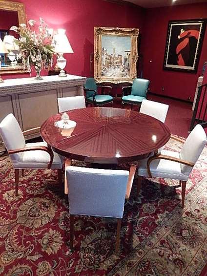 CUSTOM EXOTIC VENEER PEDESTAL DINING TABLE, WITH 2: CUSTOM EXOTIC VENEER PEDESTAL DINING TABLE, WITH 2 LEAVES, 52" ROUND WITHOUT LEAVES, (SET OF 5 DONGHIA CHAIRS IN PHOTO SOLD SEPARATELY), EXCELLENT CONDITION