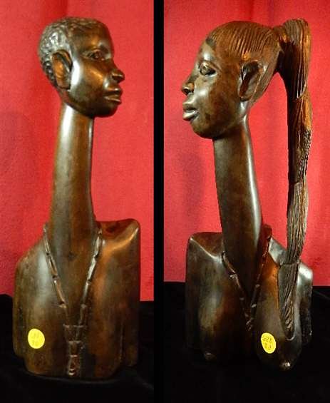 PAIR AFRICAN CARVED WOODEN SCULPTURES, MAN & WOMAN,: PAIR AFRICAN CARVED WOODEN SCULPTURES, MAN & WOMAN, MADE OF EBONY, APPROX 14" X 6"