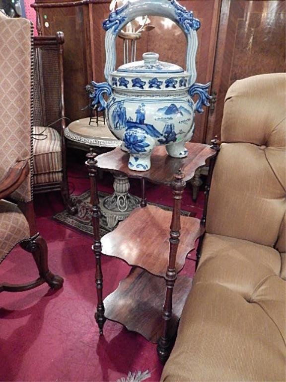 SMALL MAHOGANY 3 TIER TABLE, APPROX 15" X 12" X 32": SMALL MAHOGANY 3 TIER TABLE, APPROX 15" X 12" X 32"