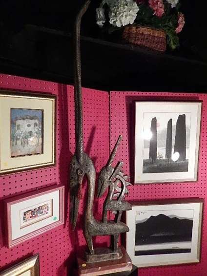 AFRICAN CARVED WOODEN SCULPTURE, ANTELOPE FIGURE WITH: AFRICAN CARVED WOODEN SCULPTURE, ANTELOPE FIGURE WITH YOUNG ON ITS BACK, WOOD WITH APPLIED METAL, RED TASSELS ATTACHED TO EARS, FROM BAMBARA TRIBE, WEST AFRICA, APPROX 53.75"H