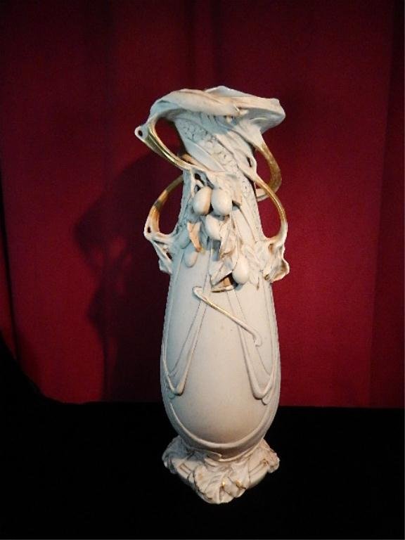 ROYAL DUX BOHEMIA ART NOUVEAU STYLE VASE, WITH PINK: ROYAL DUX BOHEMIA ART NOUVEAU STYLE VASE, WITH PINK TRIANGLE "E" MARK, #5890 32F, SMALL CHIP TO BASE, APPROX 18,5"H