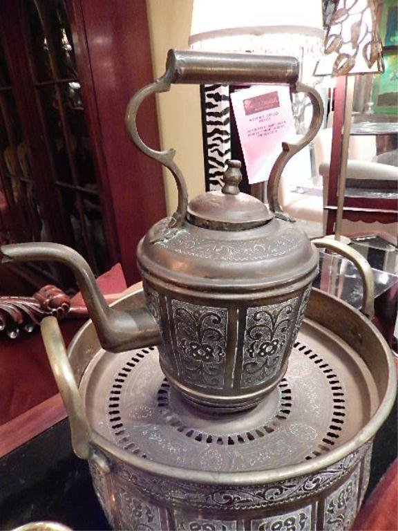 BRASS TEAPOT WITH COPPER LID, ON BRASS BRAZIER POT,: BRASS TEAPOT WITH COPPER LID, ON BRASS BRAZIER POT, APPROX 19"H