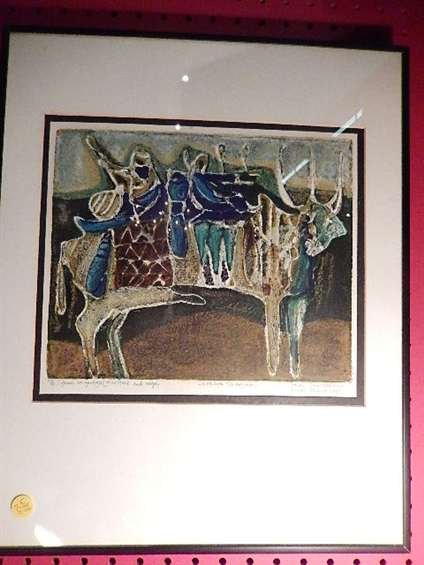 BRUCE ONOBRAKPEYA (LAGOS, NIGERIA) LIMITED EDITION: BRUCE ONOBRAKPEYA (LAGOS, NIGERIA) LIMITED EDITION ADDITIVE PLASTOGRAPH, 64/75, "MINSTREL AND WIFE", 1988, APPROX 18.75" X 15" FRAMED