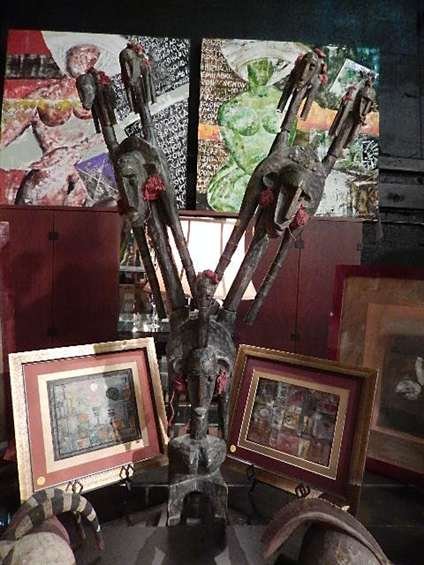 HUGE AFRICAN CARVED WOODEN SCULPTURE, HARVEST FIGURE: HUGE AFRICAN CARVED WOODEN SCULPTURE, HARVEST FIGURE WITH ATTACHED RED TASSELS, SIMILAR DESIGN FROM FRONT & BACK, DISMANTLES INTO SEVERAL PIECES, FROM BAMBARA TRIBE, WEST AFRICA, APPROX 4'H
