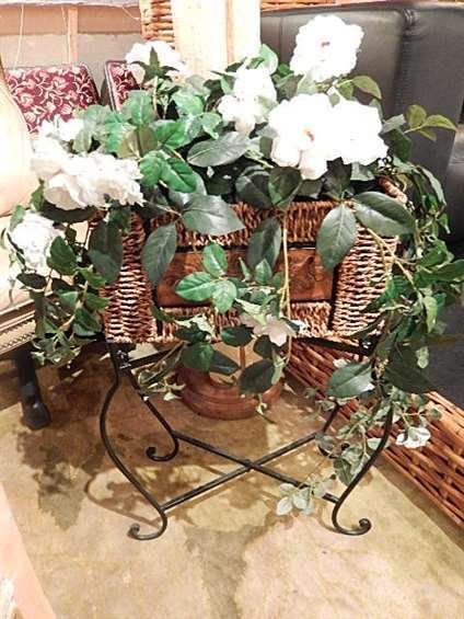 FAUX FLORAL ARRANGEMENT IN RATTAN AND METAL STAND,: FAUX FLORAL ARRANGEMENT IN RATTAN AND METAL STAND, APPROX 3'H