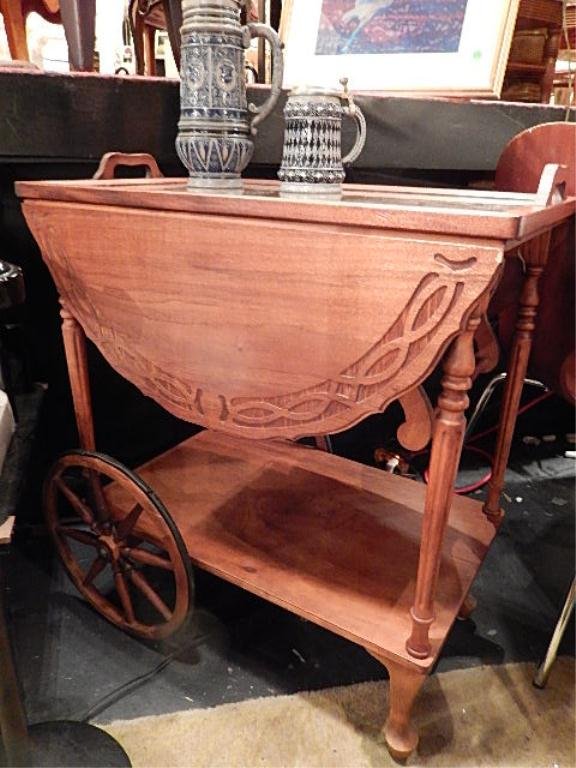 CARVED WOOD BAR CART ON CASTERS, WITH REMOVABLE GLASS: CARVED WOOD BAR CART ON CASTERS, WITH REMOVABLE GLASS BOTTOM TRAY TOP, APPROX 30"W X 20"D
