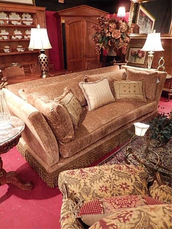 DCOTA DESIGNER RATCHET BACK SOFA BY JJ CUSTOM, CHENILLE: DCOTA DESIGNER RATCHET BACK SOFA BY JJ CUSTOM, CHENILLE WITH CHENILLE FRINGE, DOWN FILLED CUSHIONS, BEADED ACCENT PILLOWS, EXCELLENT CONDITION