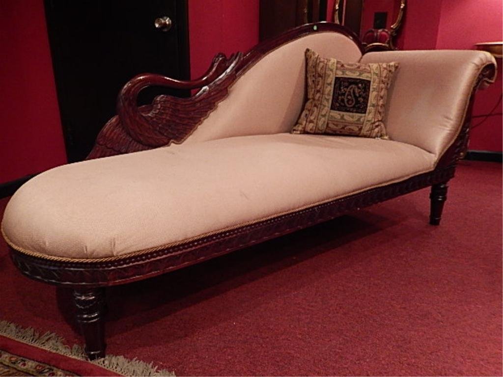 CARVED WOOD SWAN ARM CHAISE: CARVED WOOD SWAN ARM CHAISE