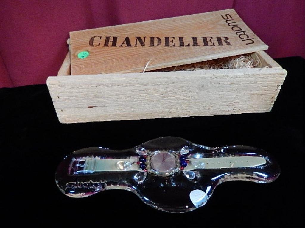 SWATCH "CHANDELIER" WATCH IN ORIGINAL PRESENTATION BOX,: SWATCH "CHANDELIER" WATCH IN ORIGINAL PRESENTATION BOX, SOME CRACKING OF WATCH BAND DUE TO AGE