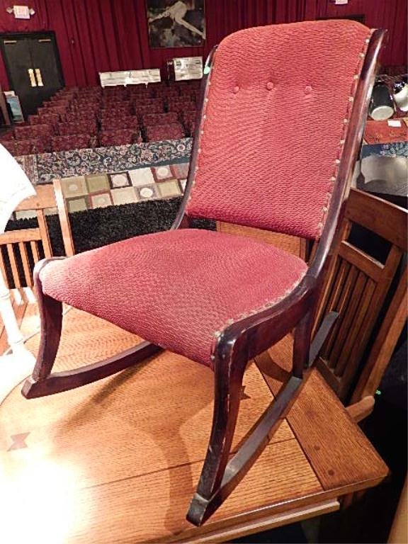VINTAGE ROCKING CHAIR, ARMLESS, RED UPHOLSTERY