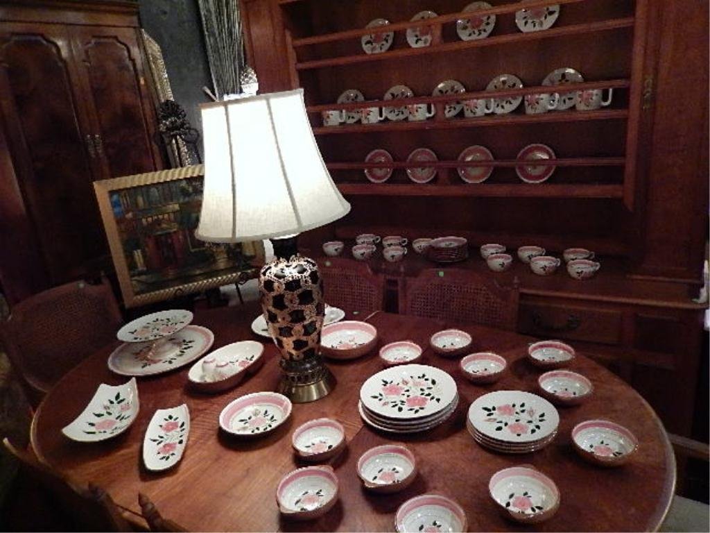 73 PIECE ASSEMBLED COLLECTION STANGL POTTERY, "WILD: 73 PIECE ASSEMBLED COLLECTION STANGL POTTERY, "WILD ROSE" & COMPLEMENTARY "COUNTRY GARDEN" PATTERNS, INCLUDES LARGE ROUND PLATTER, CAKE PEDESTAL, 2 SERVING DISHES, KIDNEY SHAPED SERVING DISH, DIVIDED
