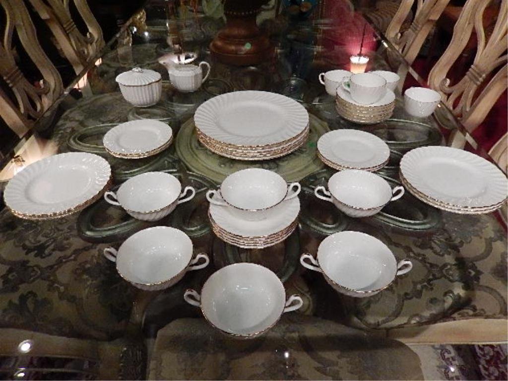 40 PC MINTON GOLD & WHITE CHINA SERVICE, INCLUDES 6: 40 PC MINTON GOLD & WHITE CHINA SERVICE, INCLUDES 6 PLATES, 6 SALAD PLATES, 6 BREAD PLATES, 6 CREAM SOUPS, 5 SAUCERS, 4 CUPS (1 CRACKED) & 6 SAUCERS