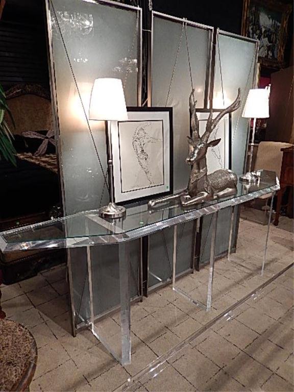 1970'S CHARLES HOLLIS JONES ACRYLIC CONSOLE TABLE WITH: 1970'S CHARLES HOLLIS JONES ACRYLIC CONSOLE TABLE WITH 2"THICK ACRYLIC TOP, AND BASE, CUSTOM MADE FOR ORIGINAL OWNER, REMARKABLE CONDITION WITH MINIMAL SCRATCHES, NO YELLOWING OR BUBBLING, 96"W X 16"D