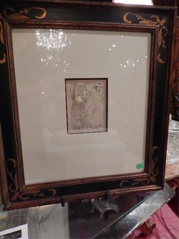 PABLO PICASSO (SPANISH, 1881-1973), ETCHING FROM LA: PABLO PICASSO (SPANISH, 1881-1973), ETCHING FROM LA CELESTINE, YOUNG COURTESAN WITH GENTLEMEN, FROM THE 347 SERIES, JUNE 25, 1968, FROM GALERIE MICHAEL, IMAGE SIZE APPROX 4.75" X 3.5", FRAME APPROX 20