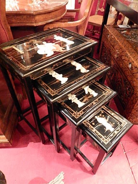 CHINOISERIE 4 PC STACKING TABLE SET, APPLIED STONE: CHINOISERIE 4 PC STACKING TABLE SET, APPLIED STONE FIGURAL CARVINGS, LARGEST TABLE APPROX 20"W X 12"D X 25"H