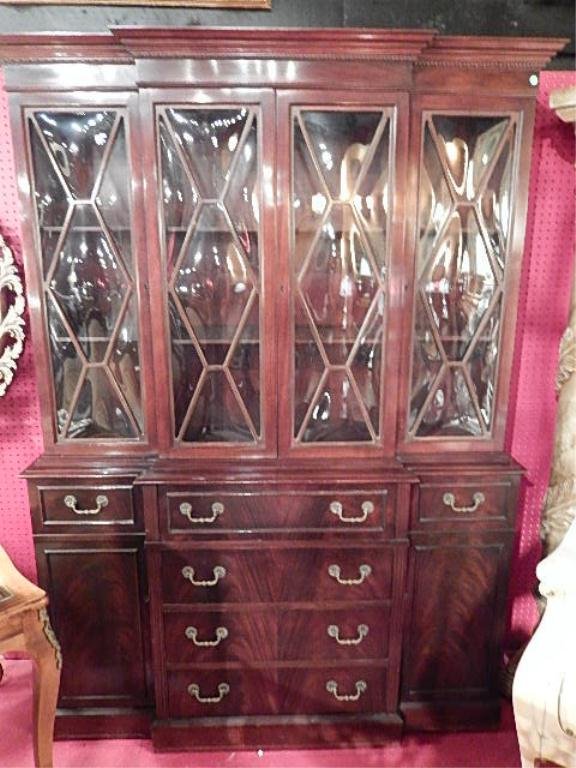 BUBBLE GLASS FLAME MAHOGANY BREAKFRONT CHINA: BUBBLE GLASS FLAME MAHOGANY BREAKFRONT CHINA CABINET BY BATESVILLE CABINET CO, CIRCA 1940's, DROPFRONT SECRETARY DESK WITH LEATHER TOP, EXCELLENT CONDITION, APPROX 57"W X 79"H X 15"D