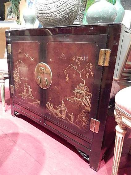 CHINOISERIE BUFFET WITH EXPANDING FLIP TOP BY: CHINOISERIE BUFFET WITH EXPANDING FLIP TOP BY WHITE FURNITURE, GOLD LANDSCAPE DESIGNS, BRASS HARDWARE, STAMPED WHITE FURNITURE, APPROX 3'W X 19"D X 32"H