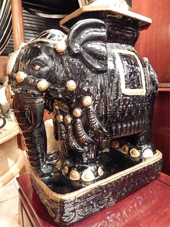 PAIR CHINESE STYLE CERAMIC ELEPHANT GARDEN STOOLS,: PAIR CHINESE STYLE CERAMIC ELEPHANT GARDEN STOOLS, BLACK AND GOLD, APPROX 22"W X 20"H X 12"D