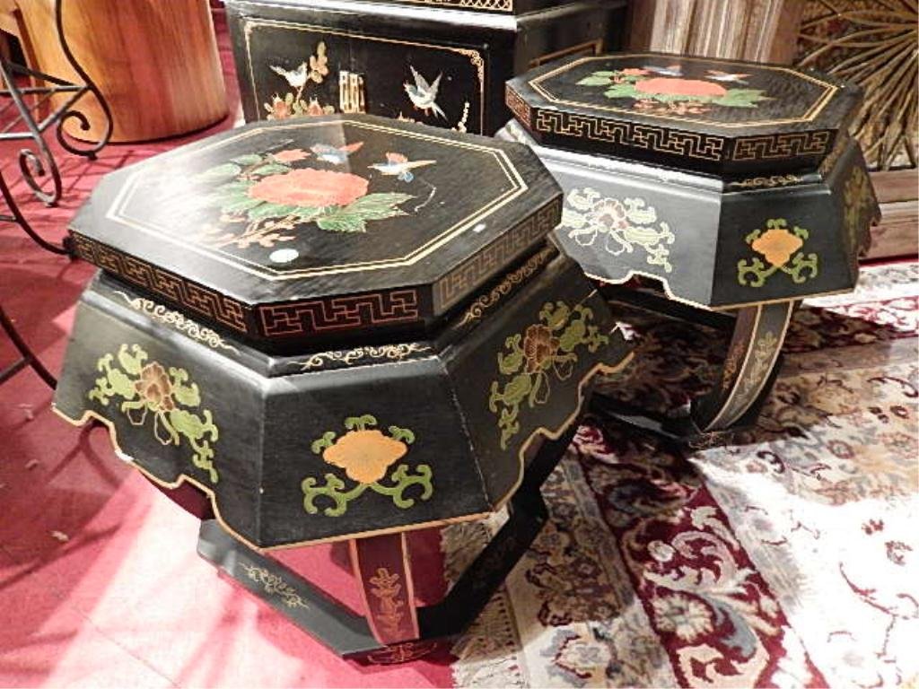 PAIR CHINOISERIE TABLES, BLACK WITH PAINTED FLORALS,: PAIR CHINOISERIE TABLES, BLACK WITH PAINTED FLORALS, EACHA PPROX 20" X 25"