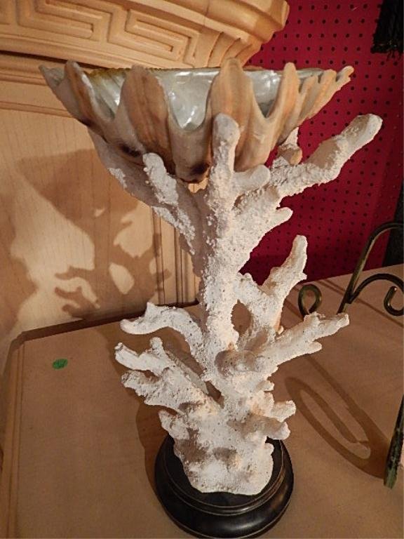 SEASHELL DISH ON REPRODUCTION CORAL BASE, APPROX 12"H: SEASHELL DISH ON REPRODUCTION CORAL BASE, APPROX 12"H