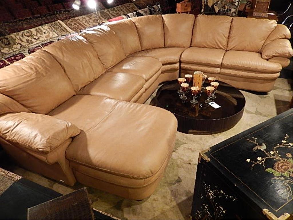 NATUZZI SADDLE LEATHER SECTIONAL SOFA, 3 PC SET WITH: NATUZZI SADDLE LEATHER SECTIONAL SOFA, 3 PC SET WITH LEFT HAND CHAISE, LABELED NATUZZI