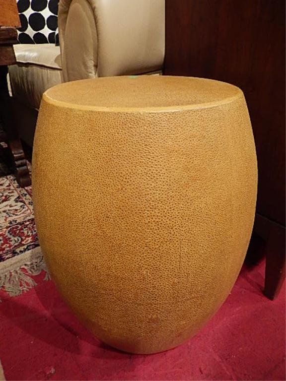 YELLOW LEATHER WRAPPED STOOL, MODERN DESIGN, ASIAN: YELLOW LEATHER WRAPPED STOOL, MODERN DESIGN, ASIAN MOTIF, APPROX 22"H X 15" DIAMETER