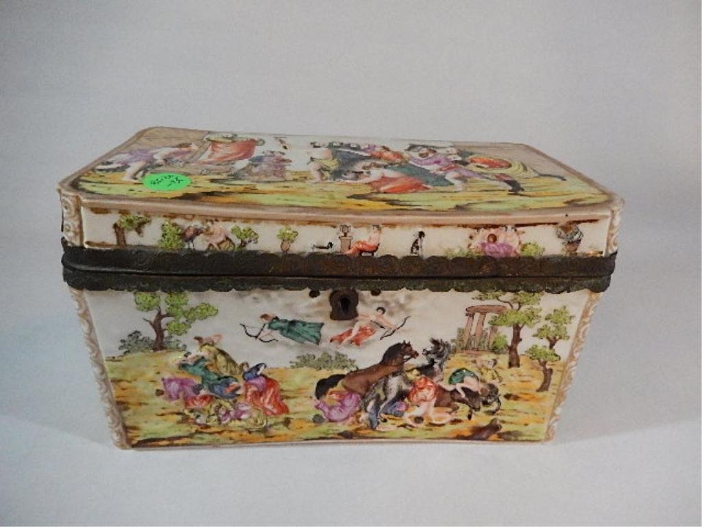CAPODIMONTE STYLE PORCELAIN BOX WITH METAL TRIM, APPROX: CAPODIMONTE STYLE PORCELAIN BOX WITH METAL TRIM, APPROX 5" X 9.5" X 5.25"