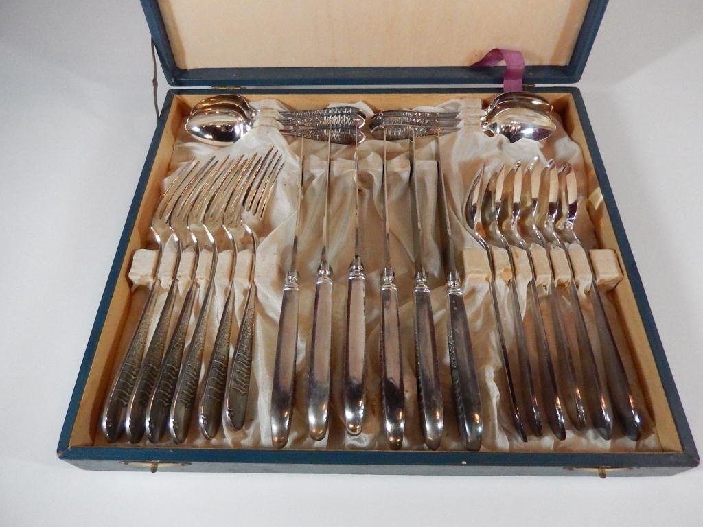 PRE-WAR JAPAN SILVERWARE SERVICE FOR 6 IN ORIGINAL BOX,: PRE-WAR JAPAN SILVERWARE SERVICE FOR 6 IN ORIGINAL BOX, PAGODA/CHERRY BLOSSOM DESIGN
