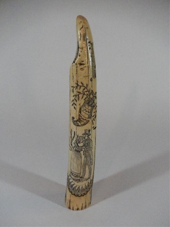 FAUX SCRIMSHAW HIPPOPOTAMUS TOOTH, DEVICE WITH: FAUX SCRIMSHAW HIPPOPOTAMUS TOOTH, DEVICE WITH SIX-POINTED STAR, USA FLAG, ANCHOR, AND CANNON; STERN-QUARTER VIEW OF A SHIP, LABELED (IN A RIBAND) "THE SAMANTHA"; GEOMETRIC BORDER. REVERSE: CORNUCOPIA