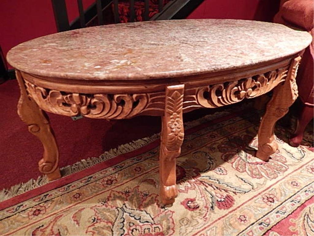 ORNATE MARBLE TOP COFFEE TABLE, CARVED WOOD BASE,: ORNATE MARBLE TOP COFFEE TABLE, CARVED WOOD BASE, APPROX 3.5'L X 2'W
