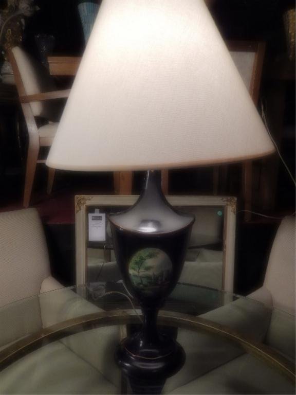 MAITLAND SMITH URN STYLE LAMP, BLUE AND WHITE WITH: MAITLAND SMITH URN STYLE LAMP, BLUE AND WHITE WITH PAINTED MEDALLION, LABELED MAITLAND SMITH ON BOTTOM, APPROX 25"H