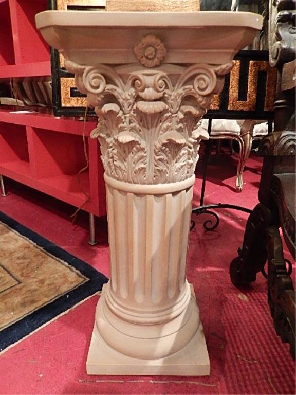 CORINTHIAN COLUMN PEDESTAL, LACQUERED PLASTER, BEIGE: CORINTHIAN COLUMN PEDESTAL, LACQUERED PLASTER, BEIGE AND WHITE, APPROX 32"H X 12"W
