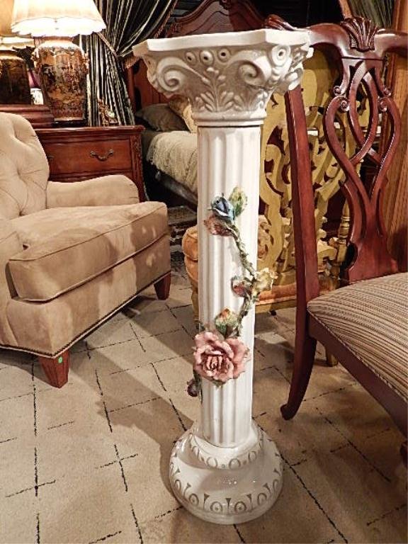 PORCELAIN CAPODIMONTE STYLE PEDESTAL, COLUMN DESIGN,: PORCELAIN CAPODIMONTE STYLE PEDESTAL, COLUMN DESIGN, GOOD CONDITION WITH CHIP TO ONE PETAL AND SMALL CHIP ON BACK OF PEDESTAL AS SHOWN IN PHOTO, APPROX 35"H X 12"W