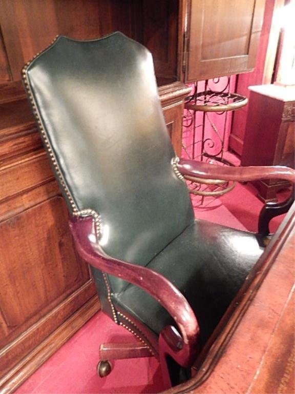 LEATHER EXECUTIVE DESK CHAIR, HUNTER GREEN LEATHER WITH: LEATHER EXECUTIVE DESK CHAIR, HUNTER GREEN LEATHER WITH NAILHEAD TRIM, ON CASTERS