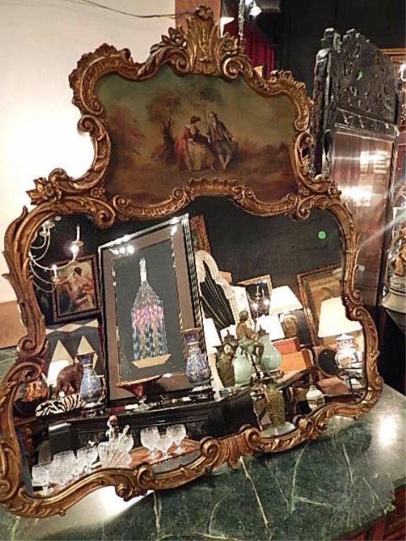 ANTIQUE ROCOCO STYLE MIRROR, CARVED GOLD GILT WOOD: ANTIQUE ROCOCO STYLE MIRROR, CARVED GOLD GILT WOOD FRAME WITH PAINTED CANVAS INSET PANEL, APPROX 3' X 3.5'