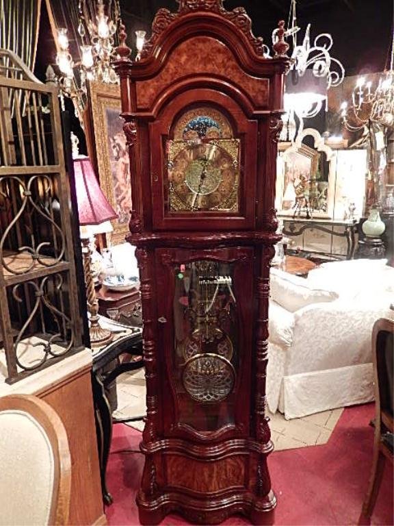 PULASKI GRANDFATHER CLOCK, LIGHTED CRYSTAL FACE, BRASS
