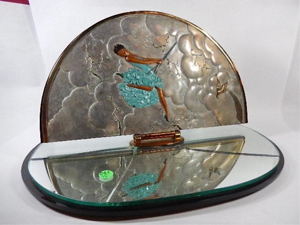 ERTE (RUSSIAN, 1892-1990) BRONZE TABLE MIRROR "JOY TO: ERTE (RUSSIAN, 1892-1990) BRONZE TABLE MIRROR "JOY TO LIFE", WITH IMAGE OF GIRL ON A SWING, ETCHED ERTE SIGNATURE, APPROX 9.5"H X 17.5" X 11", BASE MIRROR HAS SEVERAL CRACKS, FLIP MIRROR IS IN GOOD CO