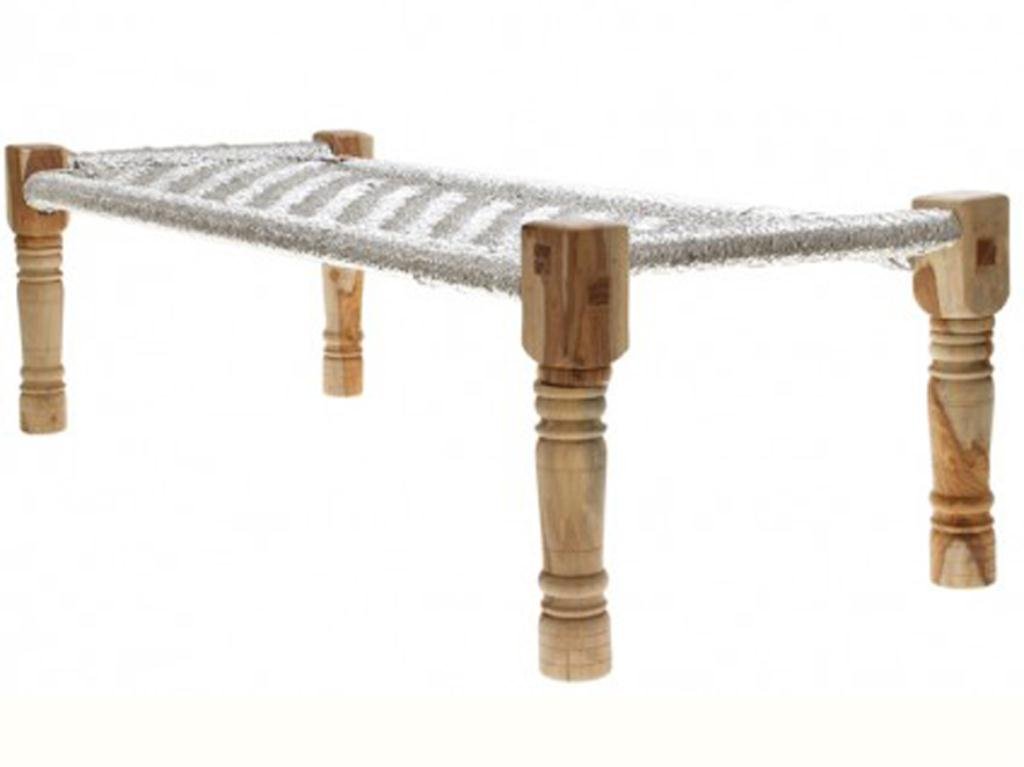 OPEN PATTERN WEAVED BENCH/DAYBED FROM CALYPSO ST.: OPEN PATTERN WEAVED BENCH/DAYBED FROM CALYPSO ST. BARTH, INSPIRED BY INDONESIAN DAYBEDS, SHEESHAM WOOD DOWEL LEGS, SILVER FINISH WOVEN CORD, 78"W X 29"D X 17"H
