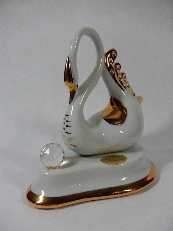 CAPODIMONTE PORCELAIN SWAN WITH GILDED & SWAROVSKI: CAPODIMONTE PORCELAIN SWAN WITH GILDED & SWAROVSKI CRYSTAL ACCENTS, WITH CAPODIMONTE MARK ON BASE & COLLEZIONE POLARIS LABEL, APPROX 5.5"H