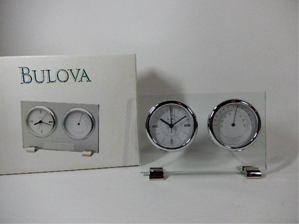 BULOVA CLOCK WITH THERMOMETER, WITH ORIGINAL BOX,: BULOVA CLOCK WITH THERMOMETER, WITH ORIGINAL BOX, APPROX 5.5" X 8.5"