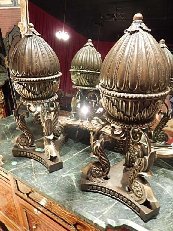 PAIR ORNATE TABLE TOP DECOR, EGG SHAPED SILVER: PAIR ORNATE TABLE TOP DECOR, EGG SHAPED SILVER COMPOSITION ON METAL BASES, APPROX 15"H