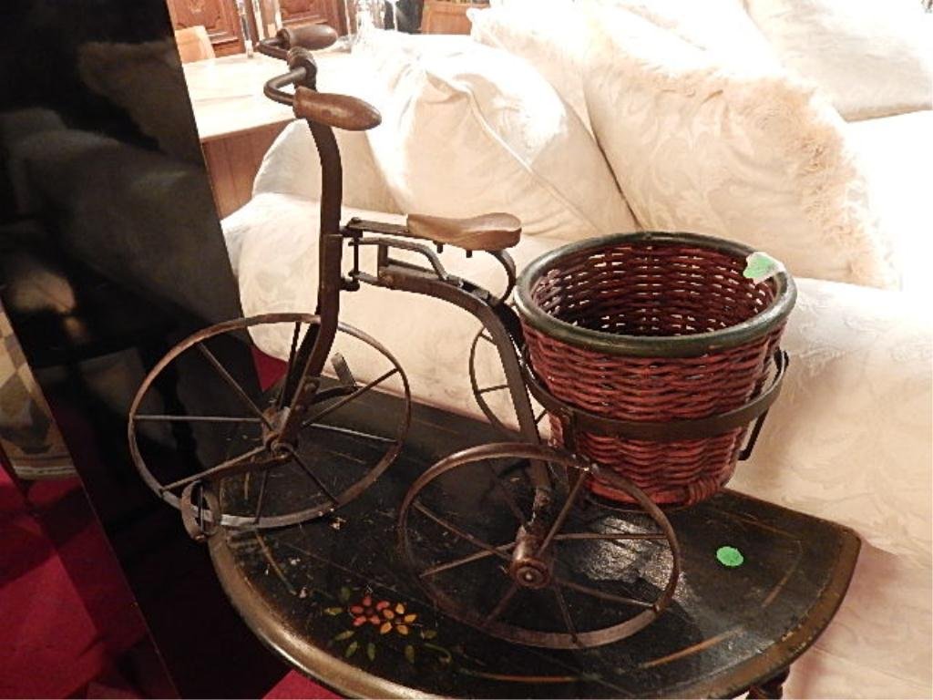 BICYCLE MOTIF METAL AND RATTAN PLANTER, APPROX 18"W: BICYCLE MOTIF METAL AND RATTAN PLANTER, APPROX 18"W