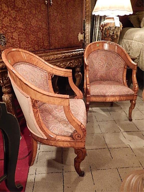 PAIR PERIOD BIEDERMEIER ARMCHAIRS, BIRD'S EYE MAPLE,: PAIR PERIOD BIEDERMEIER ARMCHAIRS, BIRD'S EYE MAPLE, CURVED BACKS, EXCELLENT CONDITION