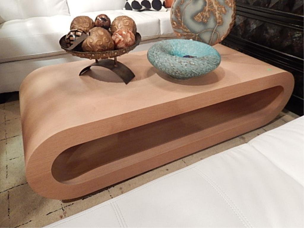 MODERN DESIGN WOOD COFFEE TABLE, LIGHT FINISH, OVAL: MODERN DESIGN WOOD COFFEE TABLE, LIGHT FINISH, OVAL BASE, APPROX 4'W X 2'D X 15"H