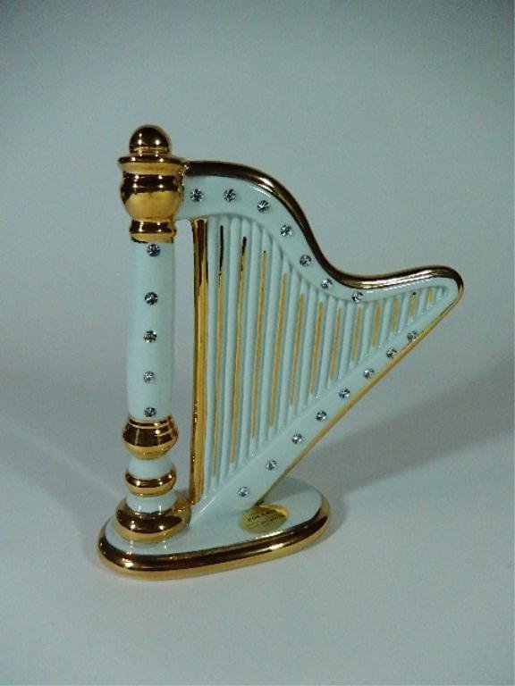 CAPODIMONTE PORCELAIN HARP WITH GILDED & SWAROVSKI: CAPODIMONTE PORCELAIN HARP WITH GILDED & SWAROVSKI CRYSTAL ACCENTS, WITH CAPODIMONTE MARK ON BASE & COLLEZIONE POLARIS LABEL, APPROX 7.25"H